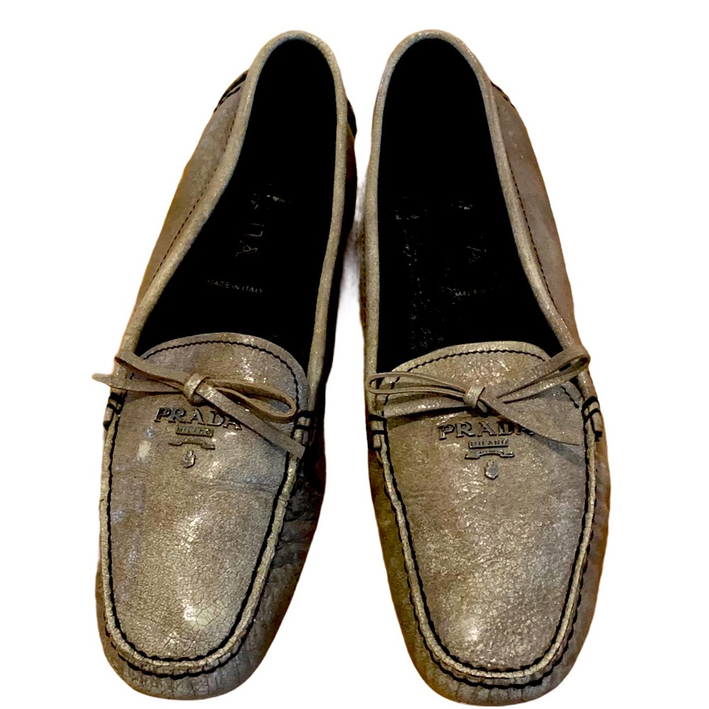 Prada Metallic Bow Driving Loafers Flats 37